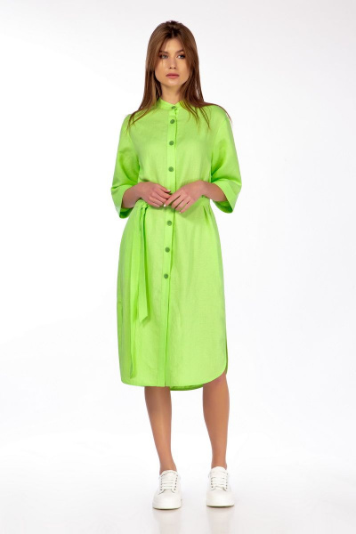 Платье из льна с поясом, карманами и разрезами DAVA 112 лайм - фото 1