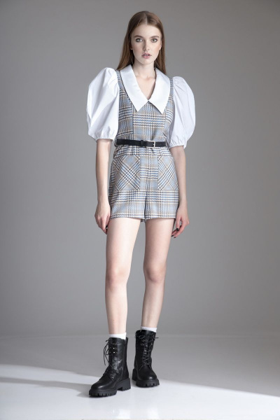 Комбинезон-шорты женский с клеткой и вставками из текстиля Орхидея 1192 - фото 1