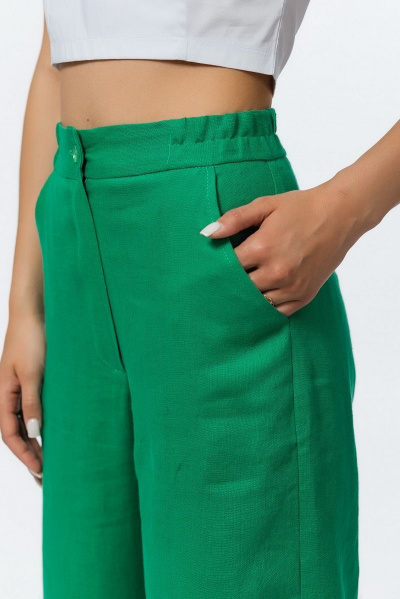 Льняные брюки палаццо с высокой посадкой и удобной резинкой Atelero 1056 зеленый - фото 6
