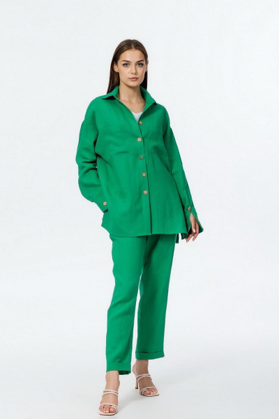 Летняя рубашка из льна со спущенным плечом и карманами Atelero 1057 зеленый - фото 4