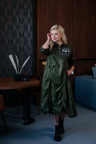 Платье расширенного силуэта с кокетками и карманами ASV 2533 хаки - фото 3