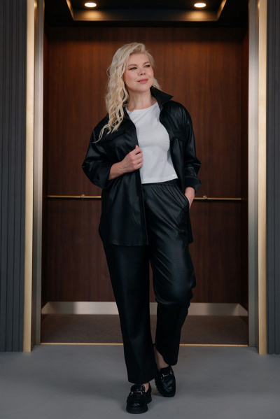 Демисезонная рубашка из текстиля и экокожи с карманами ASV 2528 черный - фото 4