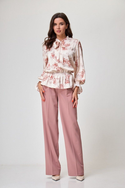 Бежевый и красный блуза из вискозы с сборкой и воротником-бантом Anelli 992 терракот - фото 5