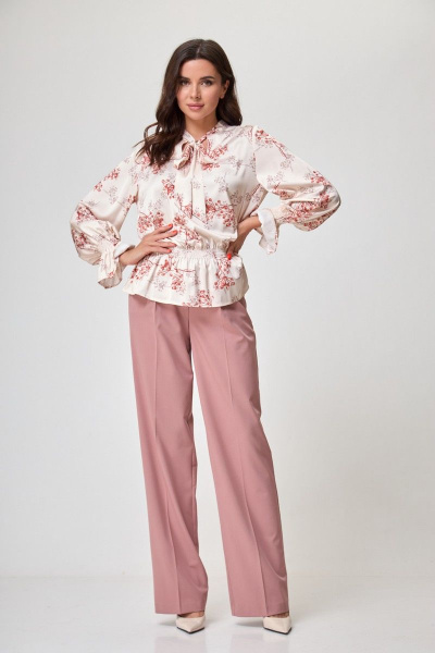 Бежевый и красный блуза из вискозы с сборкой и воротником-бантом Anelli 992 терракот - фото 2