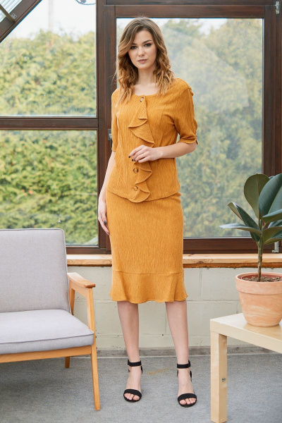 Летний комплект блузка и юбка с разрезом Fantazia Mod 3489 горчица - фото 1