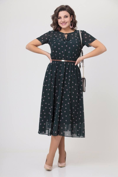 Платье шифоновое в горошек с завязкой и капелькой на талии Swallow 536 зеленый/бежевый_горох - фото 2