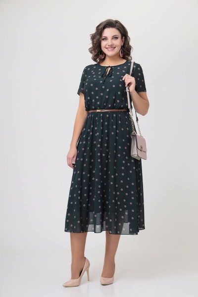 Платье шифоновое в горошек с завязкой и капелькой на талии Swallow 536 зеленый/бежевый_горох - фото 4