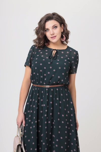 Платье шифоновое в горошек с завязкой и капелькой на талии Swallow 536 зеленый/бежевый_горох - фото 6