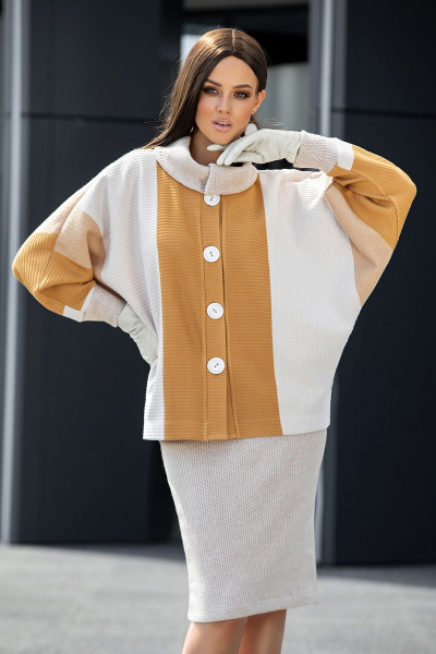 Демисезонный комплект куртка и юбка-карандаш на резинке Diva 1433 горчица - фото 2