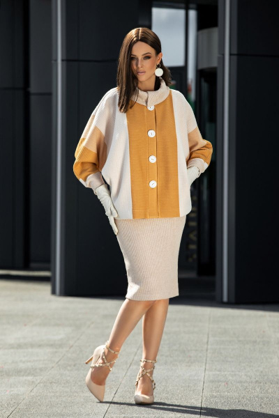 Демисезонный комплект куртка и юбка-карандаш на резинке Diva 1433 горчица - фото 1