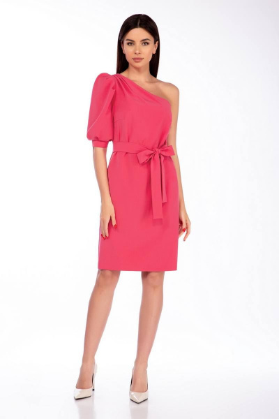 Нарядное платье с асимметрией и открытым плечом, пояс LaKona 11462 коралл - фото 1