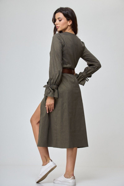 Полуприлегающее миди-платье с разрезом и бантами на рукавах Anelli 1164 зелень - фото 5