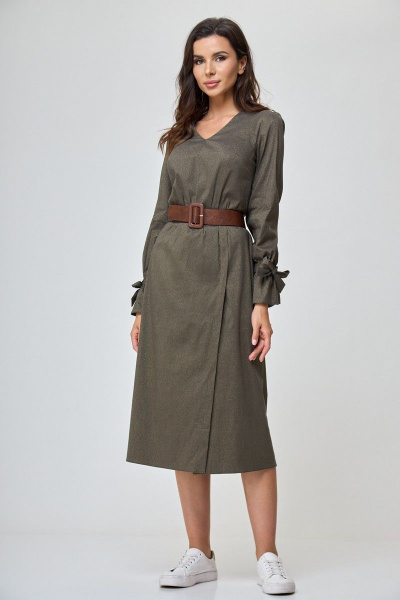 Полуприлегающее миди-платье с разрезом и бантами на рукавах Anelli 1164 зелень - фото 2