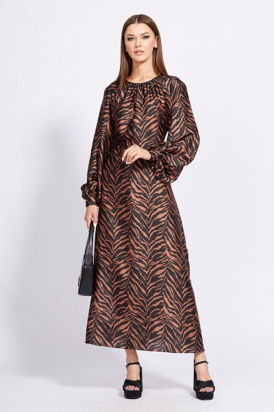 Платье из атласа с анималистичным принтом и сборкой EOLA 2287 корица_рисунок - фото 1