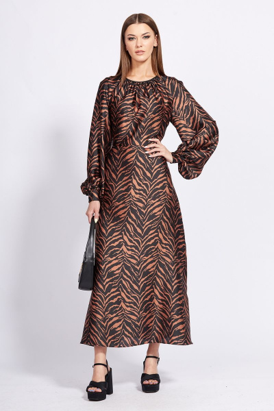 Платье из атласа с анималистичным принтом и сборкой EOLA 2287 корица_рисунок - фото 3