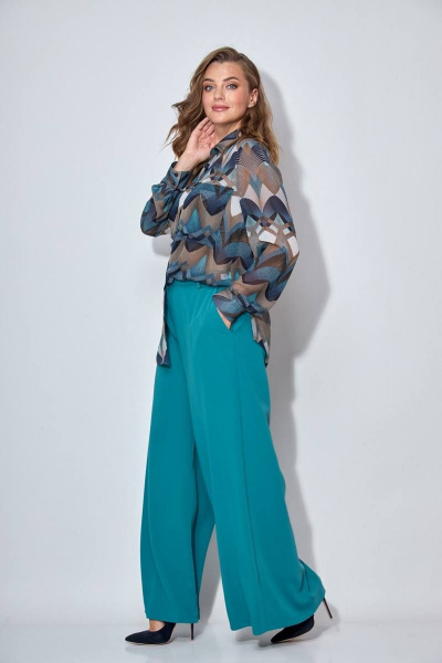 Круглогодичный деловой брючный комплект с блузкой Koketka i K 949-1 бирюза - фото 4