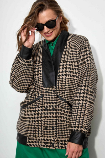 Бежевый демисезонный кардиган из пальтовой ткани и эко- кожи SOVA 11187 бежевый - фото 9