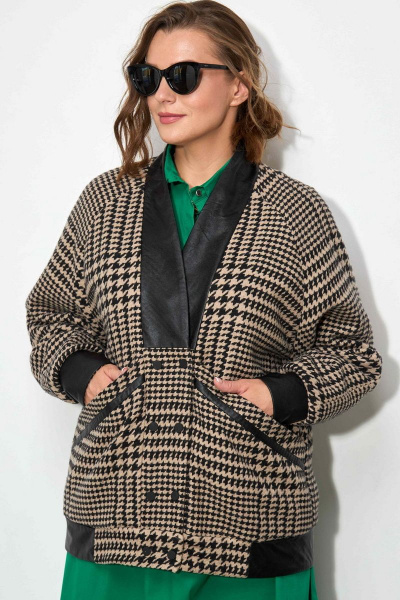 Бежевый демисезонный кардиган из пальтовой ткани и эко- кожи SOVA 11187 бежевый - фото 8