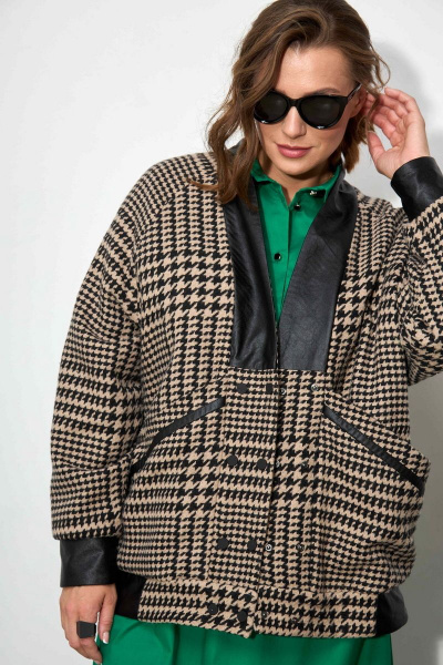 Бежевый демисезонный кардиган из пальтовой ткани и эко- кожи SOVA 11187 бежевый - фото 6