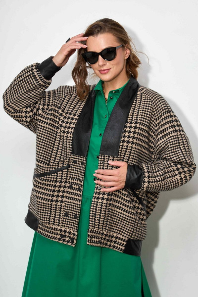 Бежевый демисезонный кардиган из пальтовой ткани и эко- кожи SOVA 11187 бежевый - фото 2