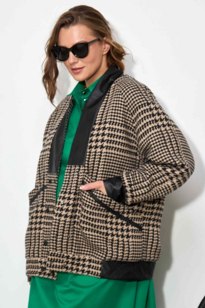 Бежевый демисезонный кардиган из пальтовой ткани и эко- кожи SOVA 11187 бежевый - фото 5