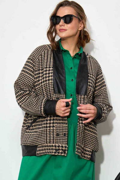 Бежевый демисезонный кардиган из пальтовой ткани и эко- кожи SOVA 11187 бежевый - фото 1