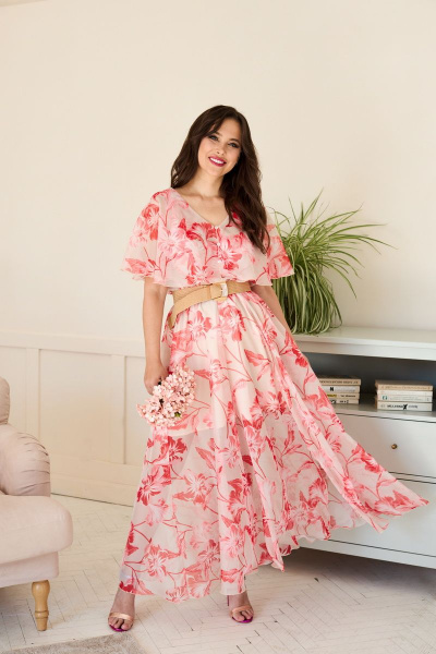 Платье из шифона с разрезом и кокеткой по линии талии Anastasia 890 пудра - фото 2