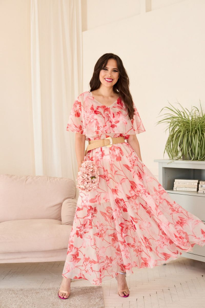 Платье из шифона с разрезом и кокеткой по линии талии Anastasia 890 пудра - фото 1