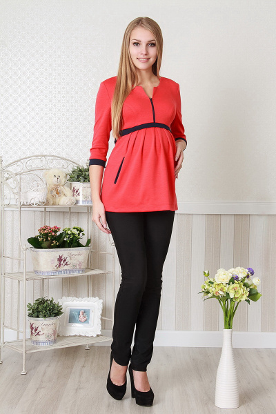 Туника из трикотажа с карманами и поясом на спине Lucky mum 1161 коралл - фото 1