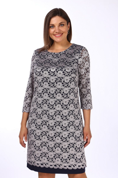 Платье двойное с круглым вырезом и фестонами по низу Lady Style Classic 1493/12 темно-синий_серый - фото 3