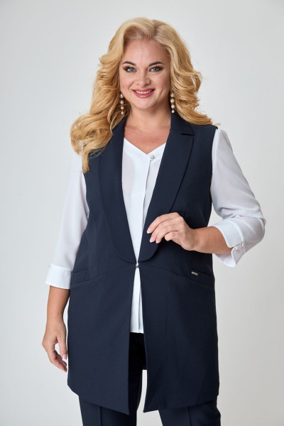 Деловой комплект из топа, жакета и брюк с резинкой БАГРЯНИЦА 5057 синий - фото 15