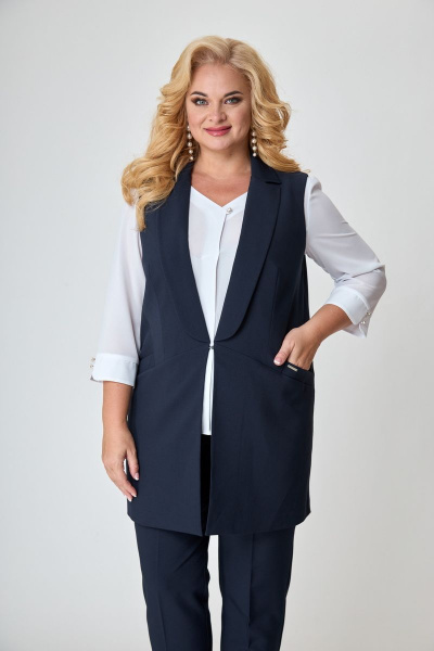 Деловой комплект из топа, жакета и брюк с резинкой БАГРЯНИЦА 5057 синий - фото 14