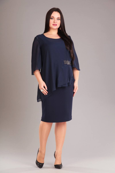 Платье и туника нарядный стиль из текстиля и шифона Liona Style 514 темно-синий - фото 2