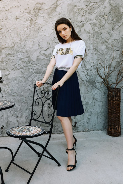 Юбка гофре из креп-трикотажа с декортивным поясом SandyNa 130227 темно-синий - фото 6