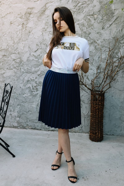 Юбка гофре из креп-трикотажа с декортивным поясом SandyNa 130227 темно-синий - фото 4