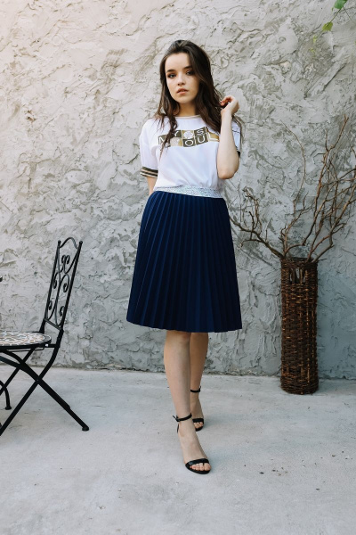 Юбка гофре из креп-трикотажа с декортивным поясом SandyNa 130227 темно-синий - фото 1