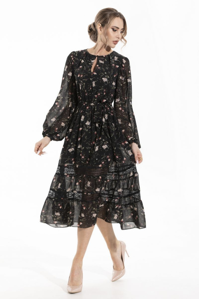 Платье демисезонное с кружевом и воланами без воротника Golden Valley 4857 черный - фото 4