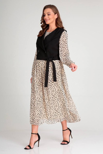 Демисезонный комплект из текстиля с жилетом и платьем Liona Style 813 бежевый - фото 2