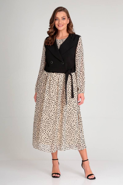 Демисезонный комплект из текстиля с жилетом и платьем Liona Style 813 бежевый - фото 1