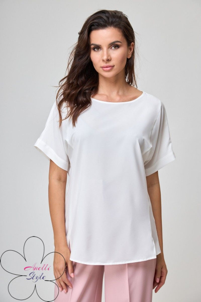 Блуза-топ из текстиля с прямым силуэтом и округлым вырезом Anelli 1082 молочный - фото 5