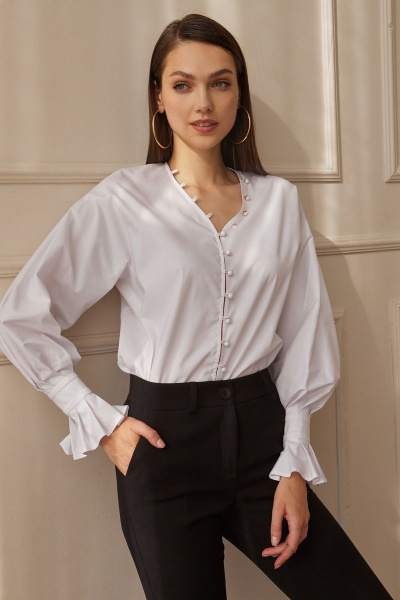 Белая блуза из рубашечного хлопка с оборками и складками DAVYDOV 9037 - фото 1