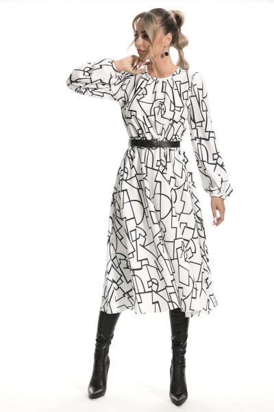 Платье демисезонное из ткани с геометрическим узором и воротником Golden Valley 4870 белый - фото 1