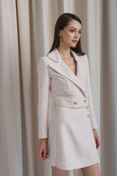 Жакет и юбка розовые в стиле деловом из твида DAVYDOV 6092 розовый - фото 1