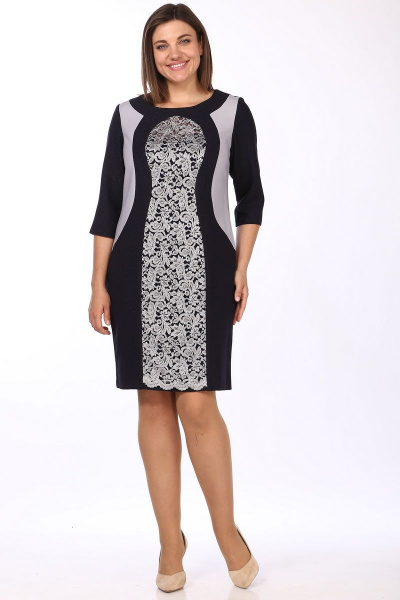 Платье полуприлегающее с рельефами и разрезом Lady Style Classic 566 темно-синий_с_серым - фото 1