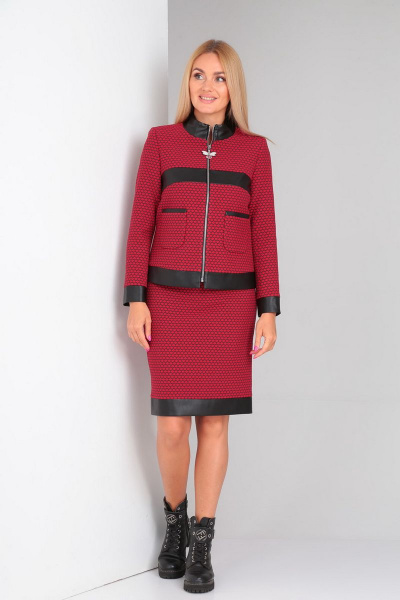 Жакет и юбка из текстиля с эко-кожей и потайной молнией Gamma Gracia 170 бордовый-черный-соты - фото 1