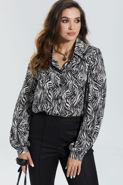 Черная блуза прямого силуэта с воротником-стойкой MALI 622-074 зебра - фото 8