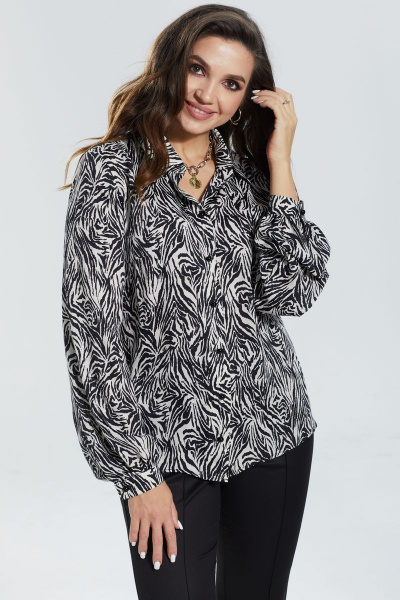 Черная блуза прямого силуэта с воротником-стойкой MALI 622-074 зебра - фото 3