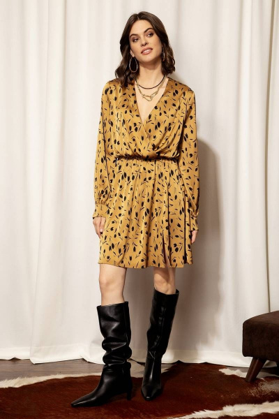 Платье из атласной ткани с отрезной талией, V-образным вырезом и юбкой А-силуэта Nova Line 50282 горчичный - фото 1