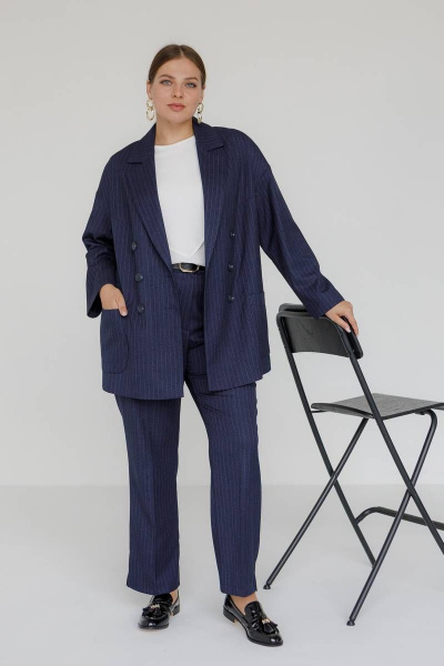 Брюки классические прямые женские плюс сайз в тонкую полоску Ivera 2032 синий, белый - фото 6