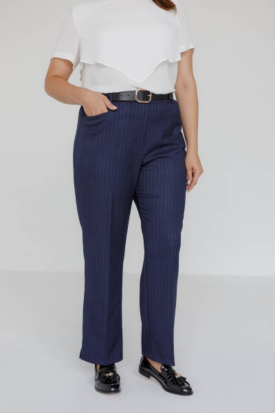 Брюки классические прямые женские плюс сайз в тонкую полоску Ivera 2032 синий, белый - фото 2